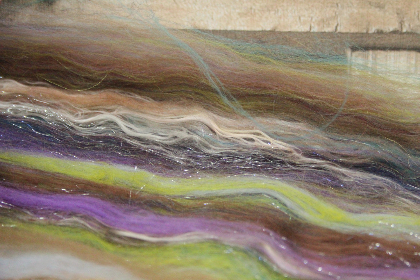 Merino Art Batt  - Green Purple Brown  -  56 grams 1.9 oz - 3 grams of locks - Wool for felting, spinning and weaving