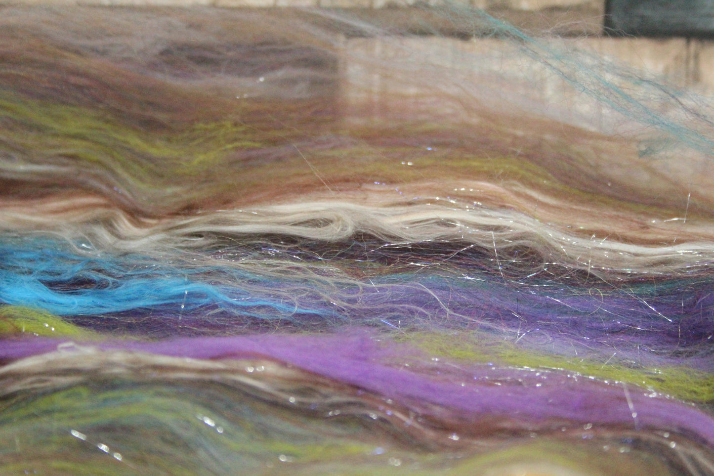 Merino Art Batt  - Green Purple Brown  -  56 grams 1.9 oz - 3 grams of locks - Wool for felting, spinning and weaving