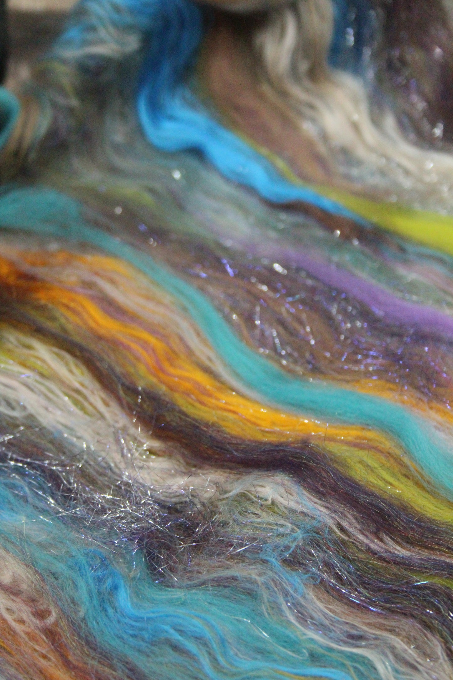 Merino Art Batt  - Green Purple Brown  -  56 grams 1.9 oz - 3 grams of locks - Wool for felting, spinning and weaving