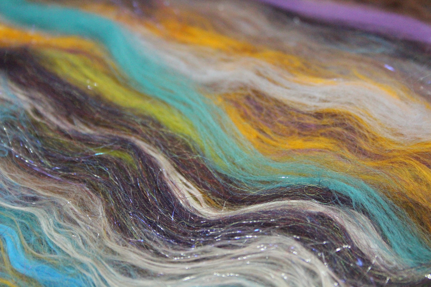 Merino Art Batt  - Green Purple Brown  -  56 grams 1.9 oz - 3 grams of locks - Wool for felting, spinning and weaving