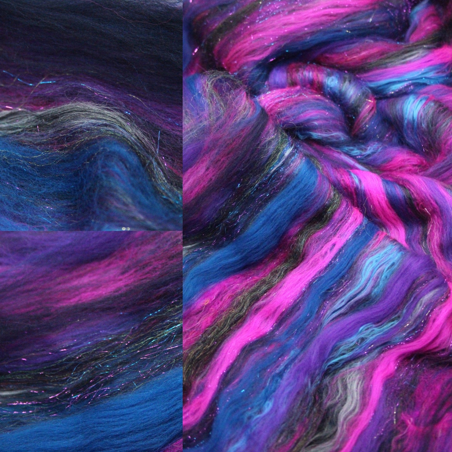 Merino Art Batt  - Black Pink Blue Purple - 66 grams 2.3 oz - Wool for felting, spinning and weaving