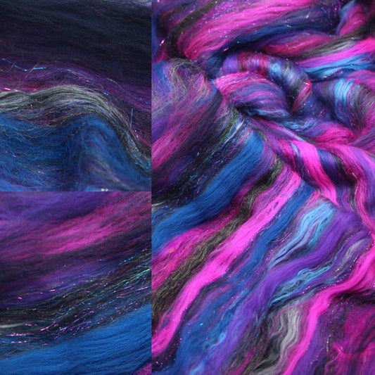 Merino Art Batt  - Black Pink Blue Purple - 66 grams 2.3 oz - Wool for felting, spinning and weaving