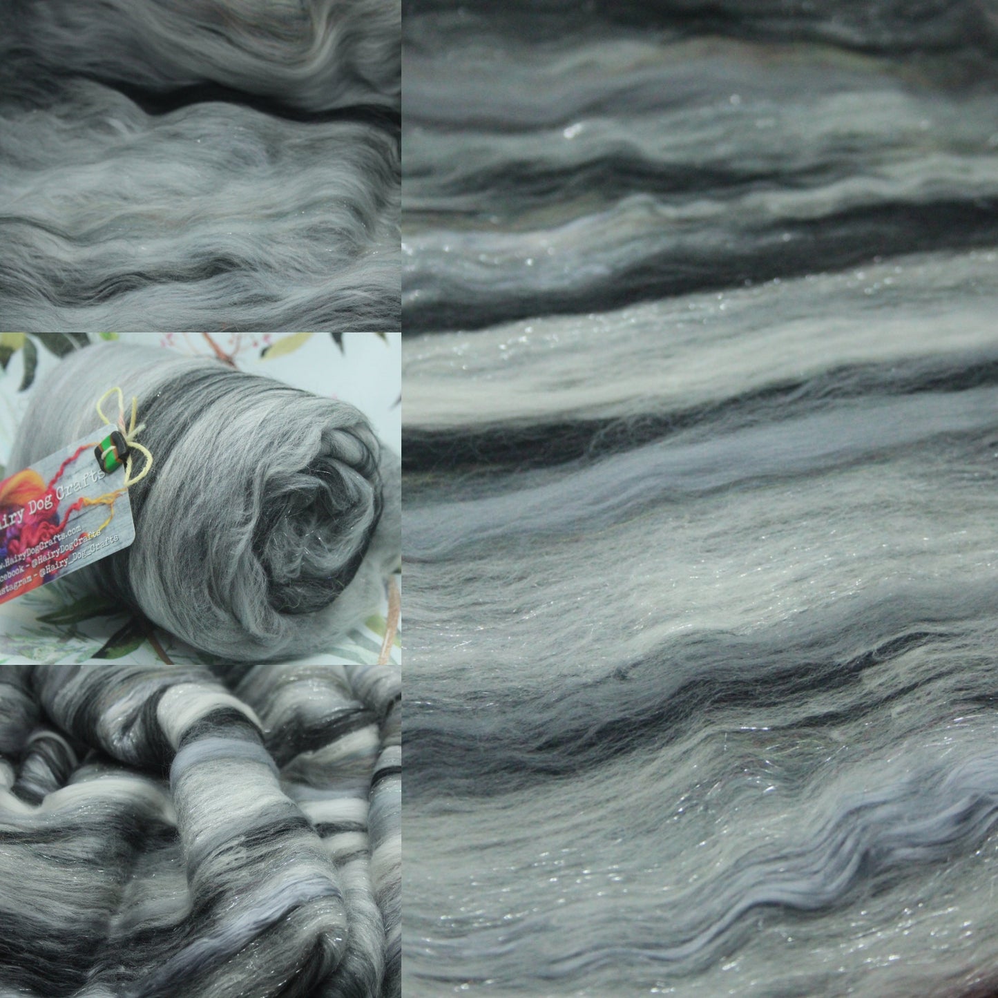 Merino Art Batt  -  White Grey Black - 110 grams 3.8 oz - Wool for felting, spinning and weaving