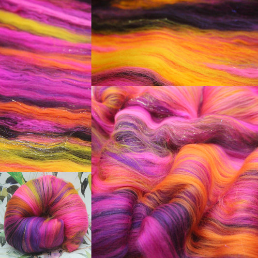 Merino Art Batt  - Pink Yellow Purple Orange - 88 grams 3.1 oz - Wool for felting, spinning and weaving