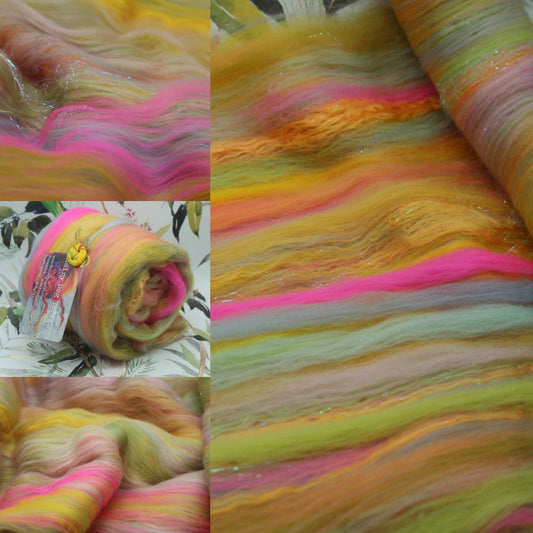 Merino Art Batt  - Blue Pink Green Yellow - 90 grams 3.1 oz - Wool for felting, spinning and weaving