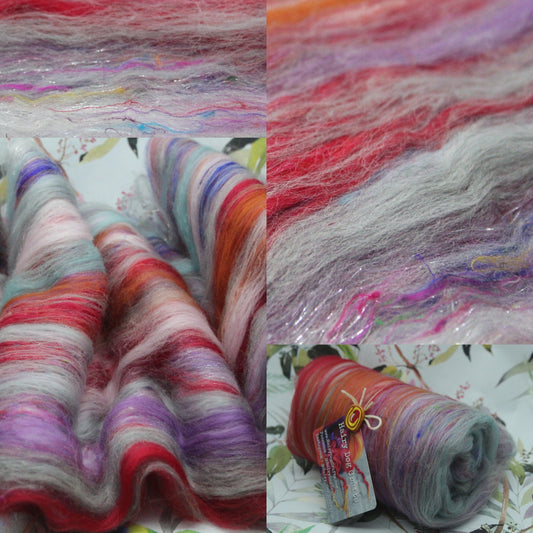 Merino Art Batt  -  Red Brown Grey Purple - 74 grams 2.6 oz - Wool for felting, spinning and weaving