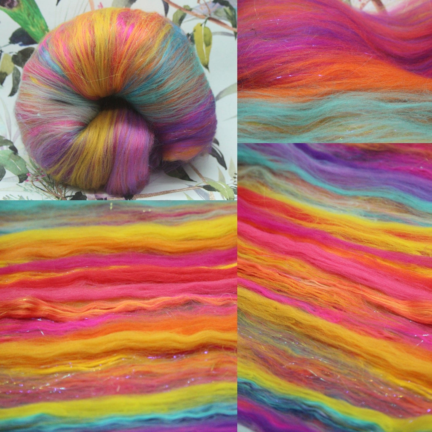 Merino Art Batt  - Pink Yellow Purple Blue Orange - 85 grams 2.9 oz - Wool for felting, spinning and weaving