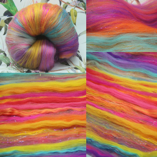 Merino Art Batt  - Pink Yellow Purple Blue Orange - 85 grams 2.9 oz - Wool for felting, spinning and weaving