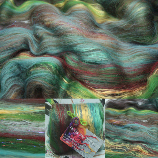 Merino Art Batt  - Red Green Brown - 67 grams 2.3 oz - Wool for felting, spinning and weaving