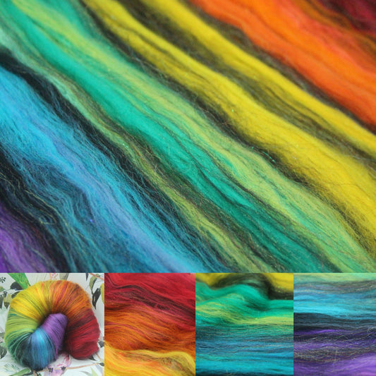 Merino Art Batt  - Rainbow Black - Sideways Colour Change  -  96 grams 3.3 oz - Wool for felting, spinning and weaving