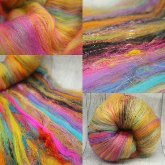 Merino Art Batt  - Blue Purple Orange Pink -  51 grams 1.7 oz - Wool for felting, spinning and weaving