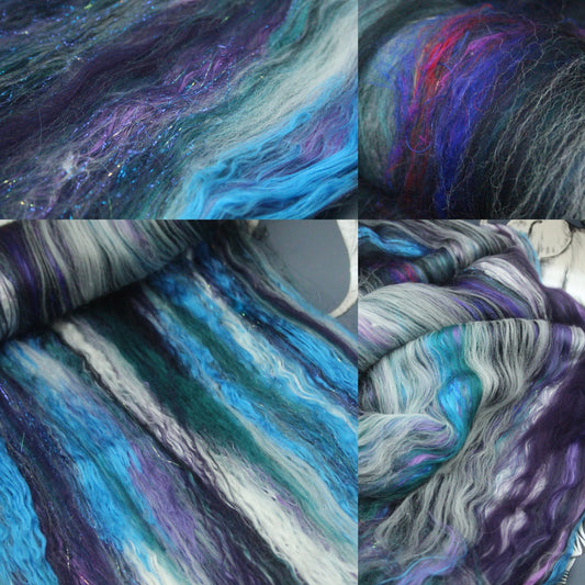 Merino Art Batt - Black White Purple Green - 59 grams 2 oz - Wool for felting, spinning and weaving