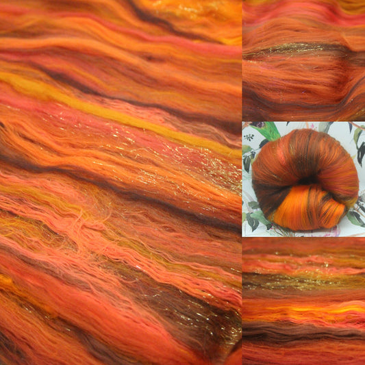 Merino Art Batt  - Brown Orange - 96 grams 3.3 oz - Wool for felting, spinning and weaving