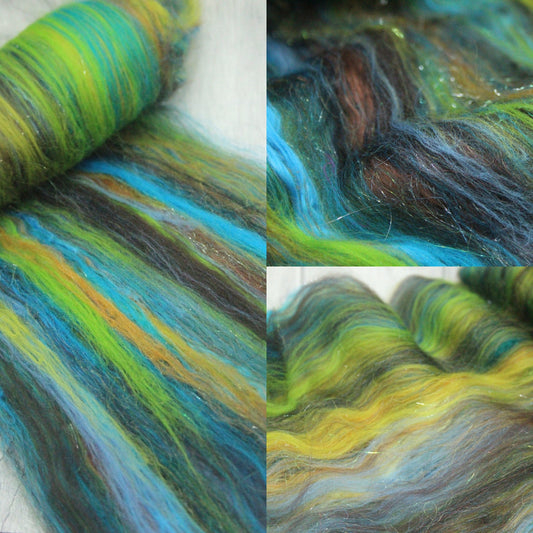 Merino Art Batt  - Brown Blue Black Brown - 39 grams 1.3 oz - Wool for felting, spinning and weaving