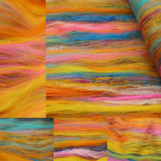 Merino Art Batt  - Yellow Pink Orange Blue - 52 grams 1.8 oz - Wool for felting, spinning and weaving