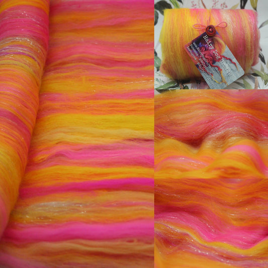 Merino Art Batt  - Pink Yellow - 69 grams 2.4 oz - Wool for felting, spinning and weaving