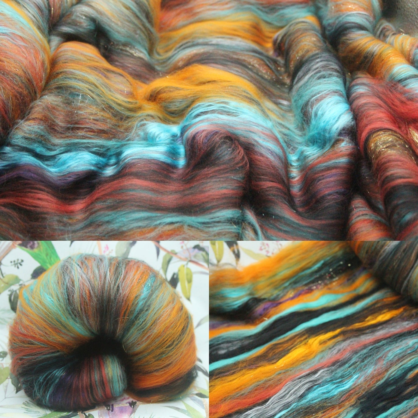 Merino Art Batt  -  Blue Black Orange - 114 grams 4 oz - Wool for felting, spinning and weaving