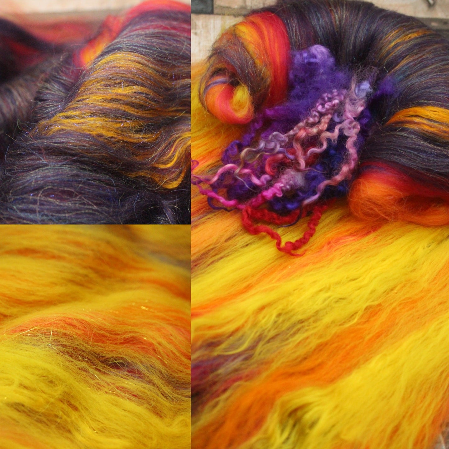 Merino Art Batt  - Purple Red Orange Yellow  -  76 grams 2.6 oz - 5 grams of locks - Wool for felting, spinning and weaving