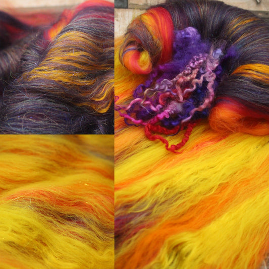 Merino Art Batt  - Purple Red Orange Yellow  -  76 grams 2.6 oz - 5 grams of locks - Wool for felting, spinning and weaving
