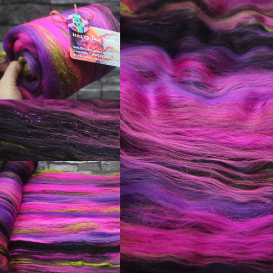 Merino Art Batt  - Pink Black Purple - 114 grams 4 oz - Wool for felting, spinning and weaving