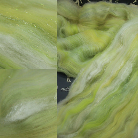Merino Art Batt  - Green White Yellow  - 52 grams 1.8 oz - Wool for felting, spinning and weaving
