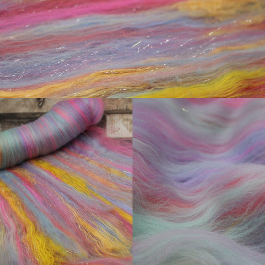 Merino Art Batt  - Grey Blue Pink Purple - 72 grams 2.5 oz - Wool for felting, spinning and weaving
