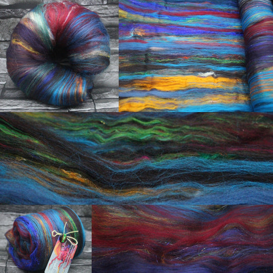 Merino Art Batt  - Blue Purple Red - 111 grams 3.9 oz - Wool for felting, spinning and weaving