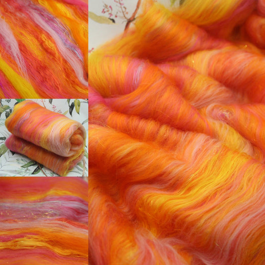 Merino Art Batt  -  Pink Orange - 59 grams 2 oz - Wool for felting, spinning and weaving