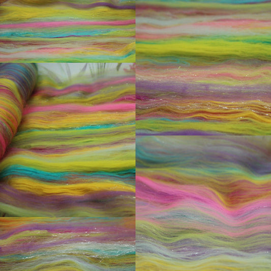 Merino Art Batt  - Green Yellow Pink Orange Blue Purple - 56 grams 1.9 oz - Wool for felting, spinning and weaving