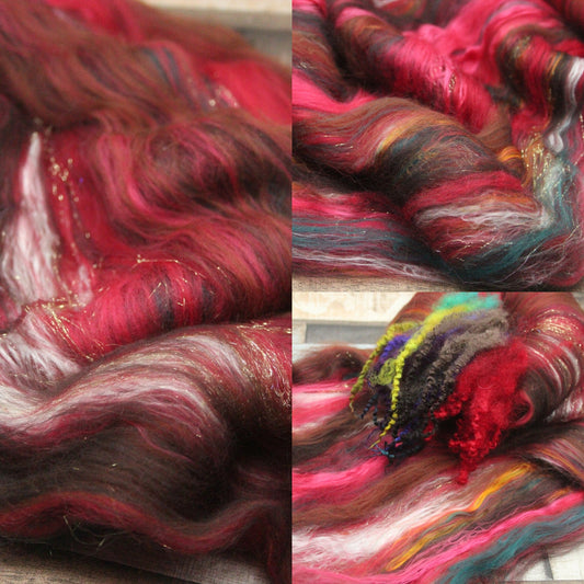 Merino Art Batt  - Green Red  -  70 grams 2.4 oz - 3 grams of locks - Wool for felting, spinning and weaving