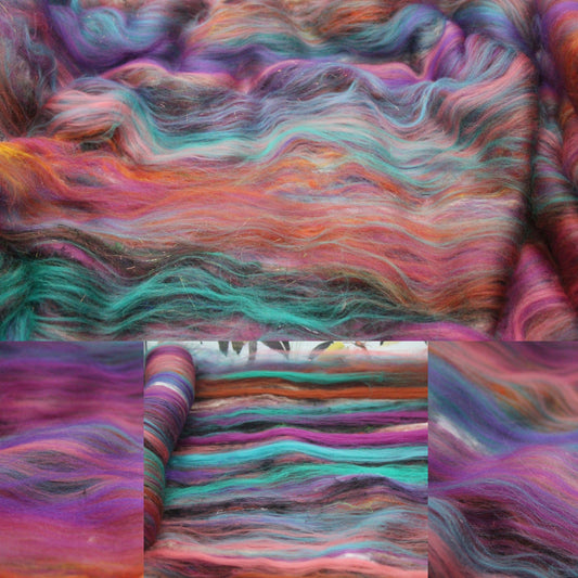 Merino Art Batt  - Green Pink Brown Blue Purple - 48 grams 1.6 oz - Wool for felting, spinning and weaving