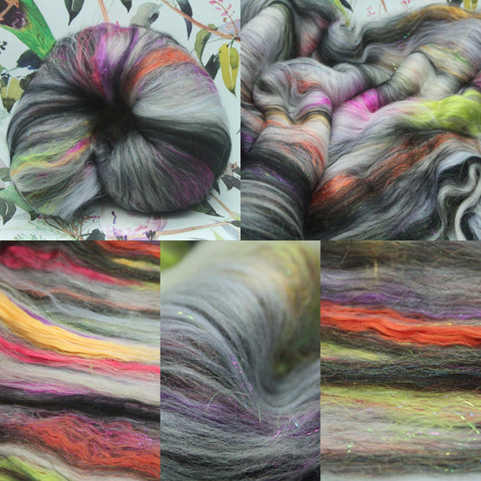 Merino Art Batt  - White Grey Black - 84 grams 2.9 oz - Wool for felting, spinning and weaving