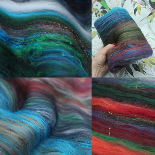 Merino Art Batt  -  Green Blue Brown Grey Purple Red - 51 grams 1.7 oz - Wool for felting, spinning and weaving