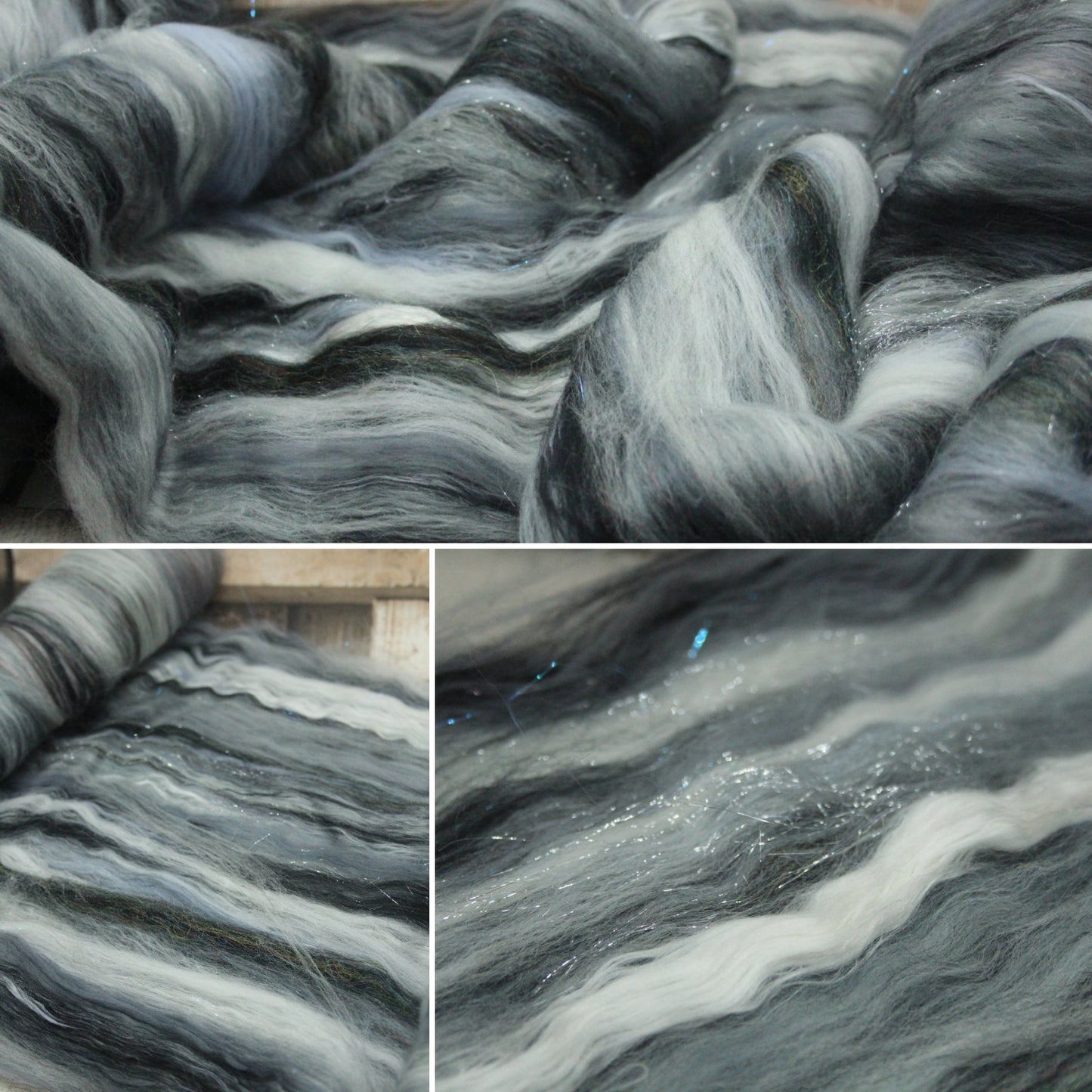 Merino Art Batt  - Black Grey White  -  92 grams 3.2 oz - Wool for felting, spinning and weaving