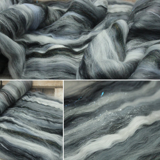 Merino Art Batt  - Black Grey White  -  92 grams 3.2 oz - Wool for felting, spinning and weaving
