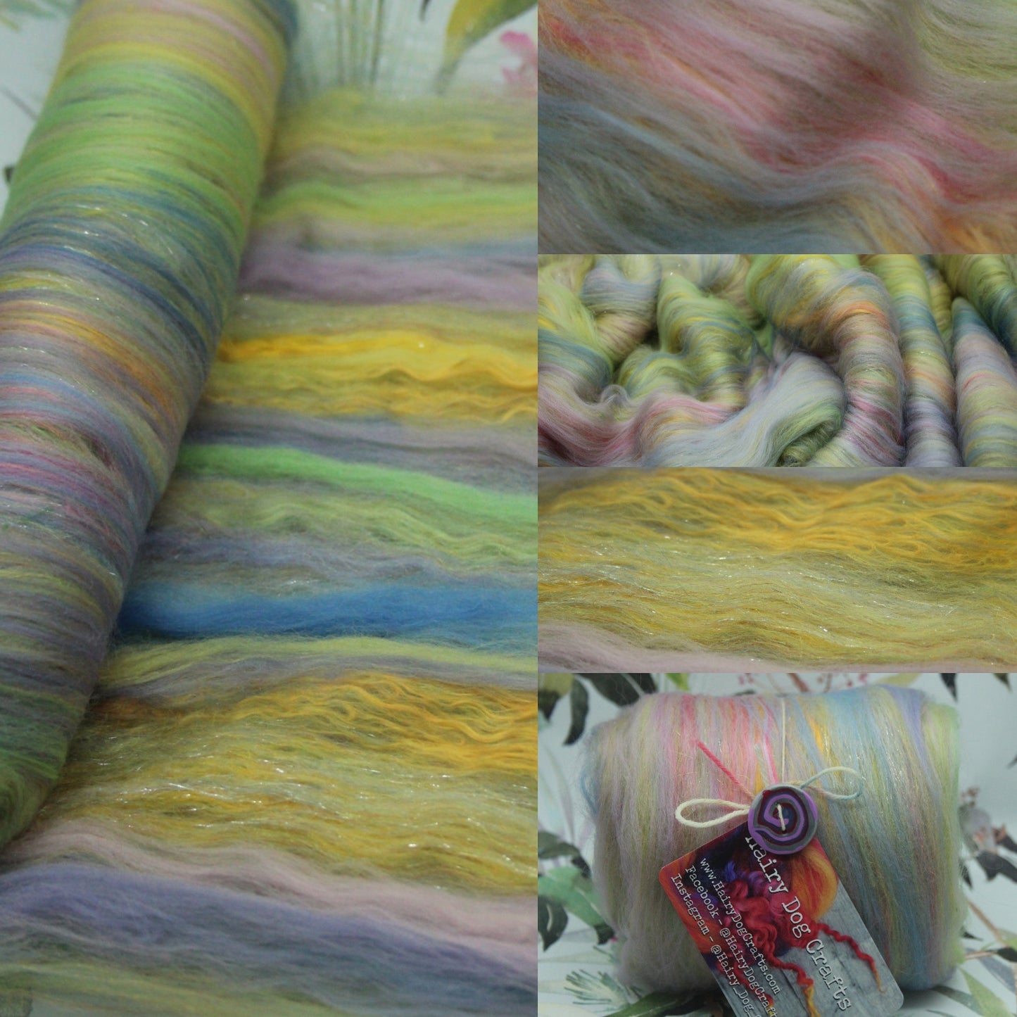 Merino Art Batt  -  Green Yellow Pink Purple - 85 grams 2.9 oz - Wool for felting, spinning and weaving