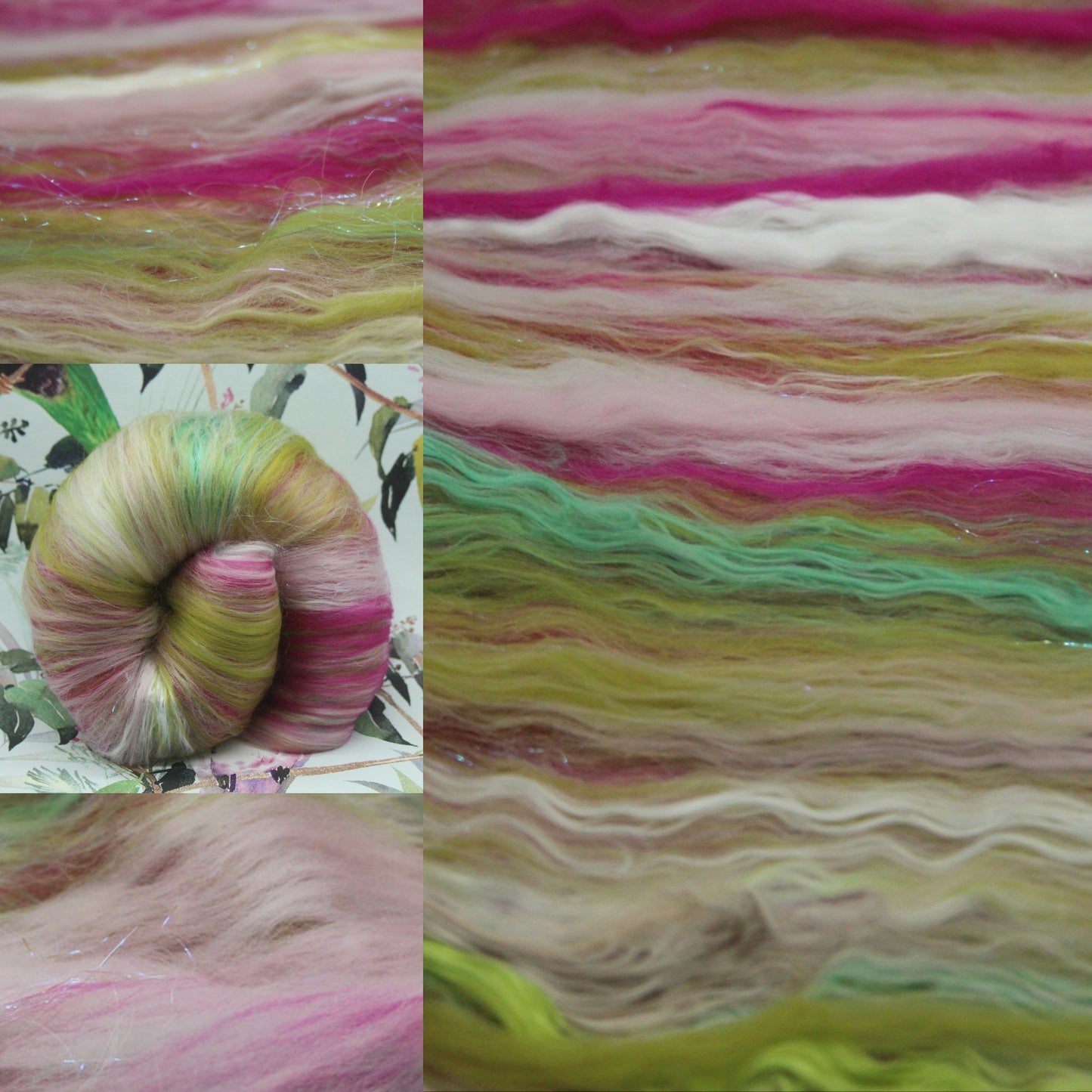Supersoft Merino Art Batt  - Pink Green - 66 grams 2.3 oz - Wool for felting, spinning and weaving