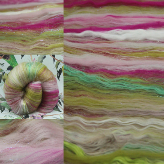 Supersoft Merino Art Batt  - Pink Green - 66 grams 2.3 oz - Wool for felting, spinning and weaving
