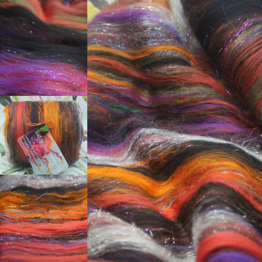Merino Art Batt  - Black Blue Purple Orange - 83 grams 2.9 oz - Wool for felting, spinning and weaving