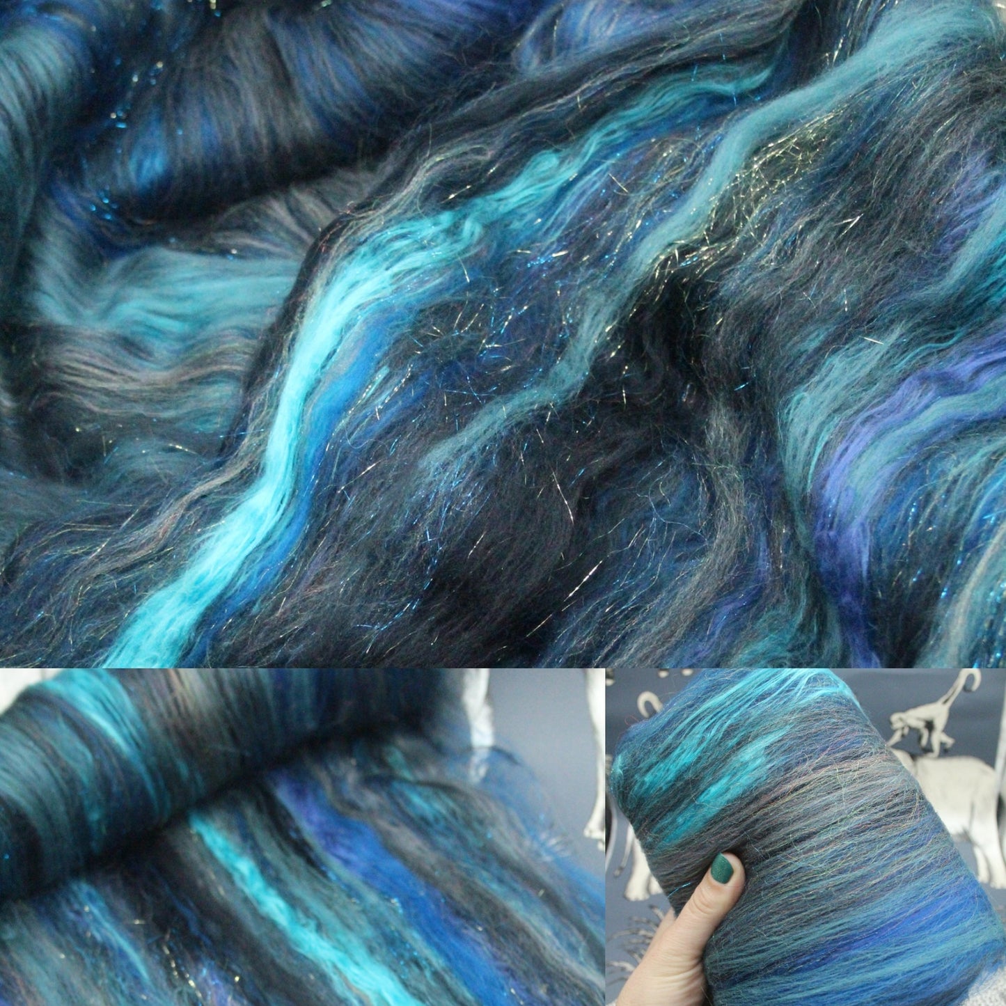 Merino Art Batt  -  Blue Black Grey - 66 grams 2.3 oz - Wool for felting, spinning and weaving