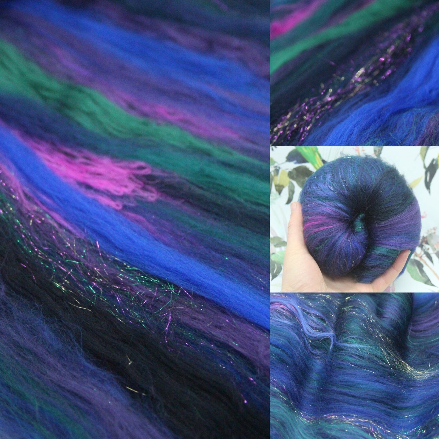 Merino Art Batt  - Purple Blue Green - 62 grams 2.1 oz - Wool for felting, spinning and weaving