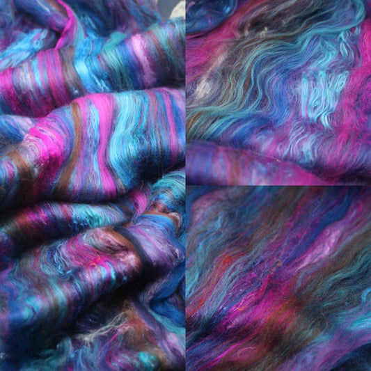 Merino Art Batt - Brown Blue Pink Purple - 68 grams 2.3 oz - Wool for felting, spinning and weaving