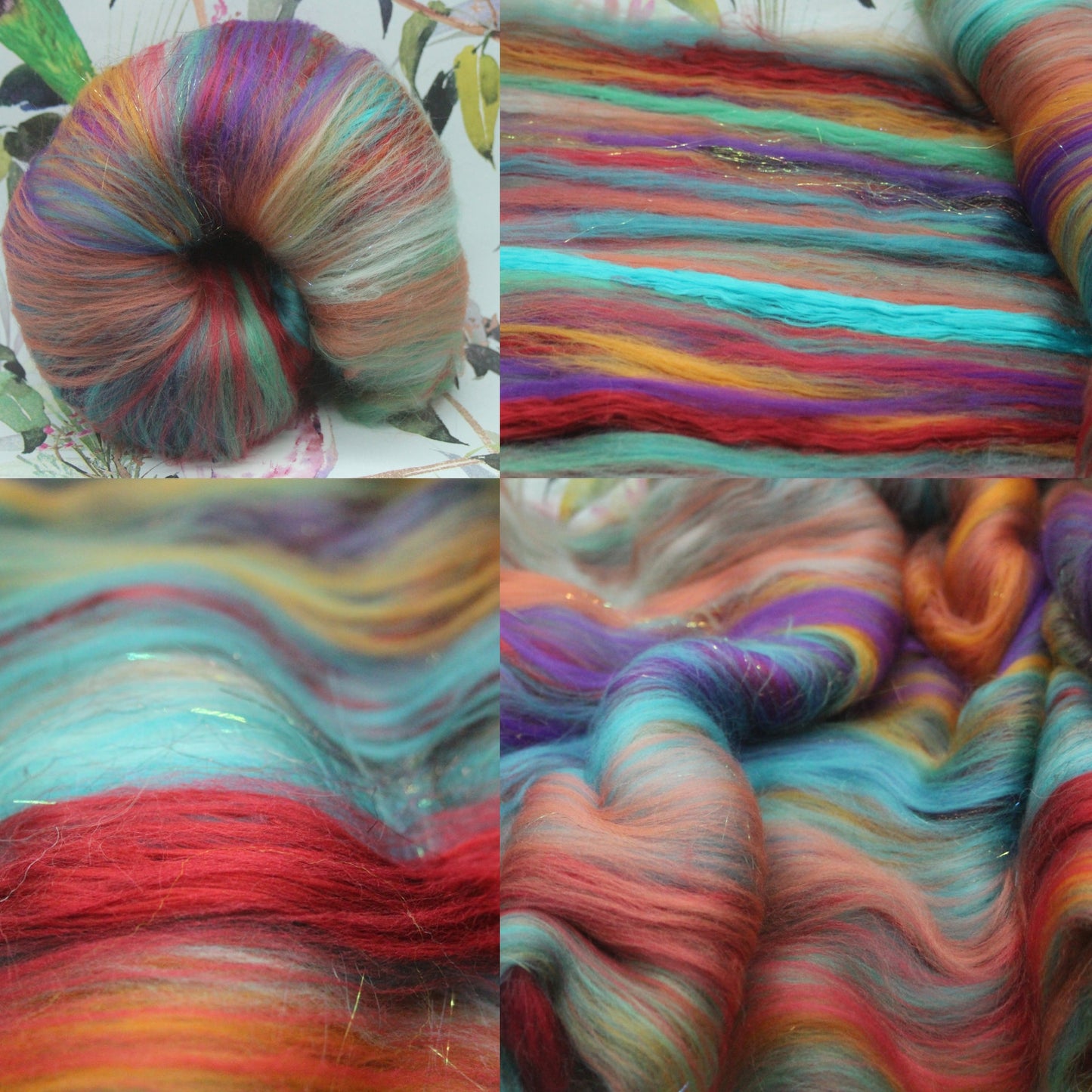 Merino Art Batt  - Green Red Purple Blue - 87 grams 3 oz - Wool for felting, spinning and weaving