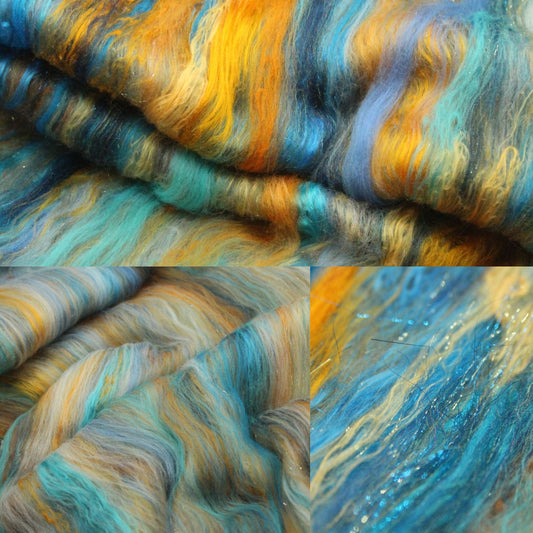 Merino Art Batt  -  Blue Orange  - 61 grams 2.1 oz - Wool for felting, spinning and weaving