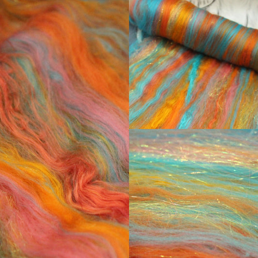 Merino Art Batt  - Orange Turquoise  - 53 grams 1.8 oz - Wool for felting, spinning and weaving
