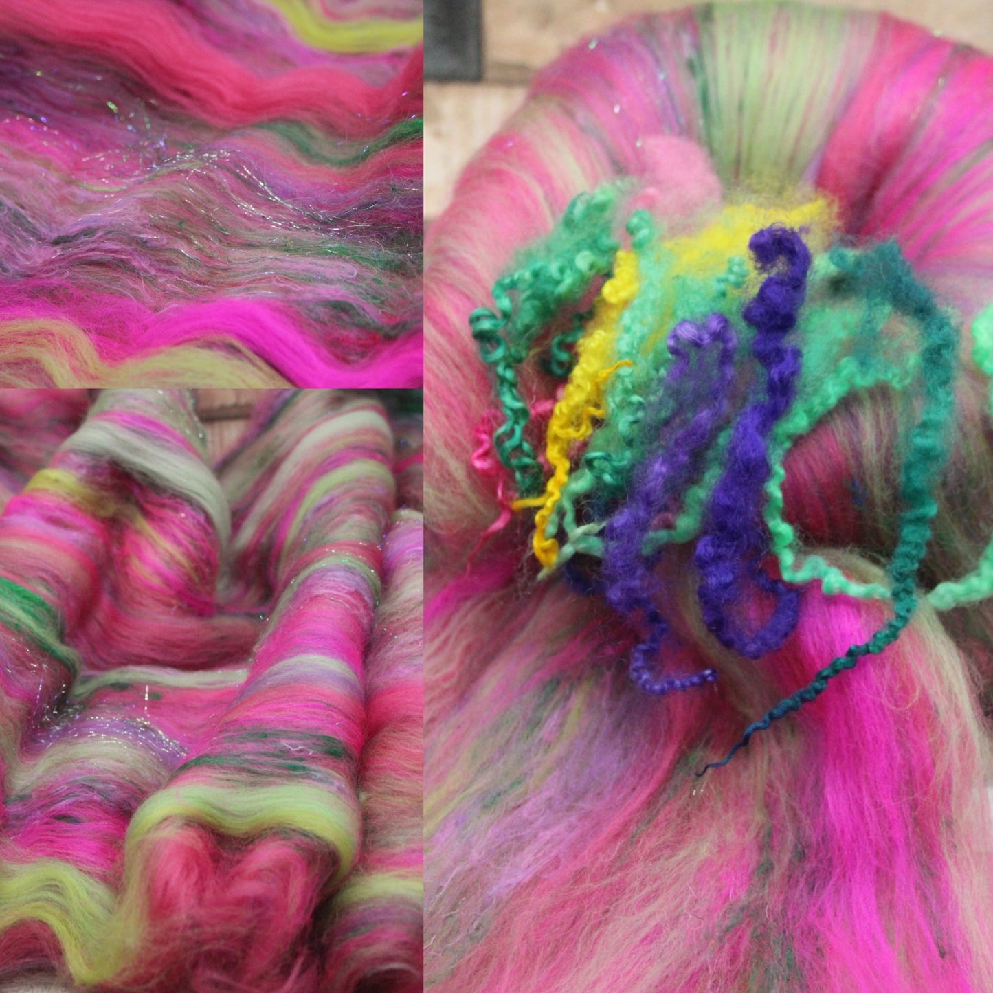 Merino Art Batt  - Green Pink  -  70 grams 2.4 oz - 3 grams of locks - Wool for felting, spinning and weaving
