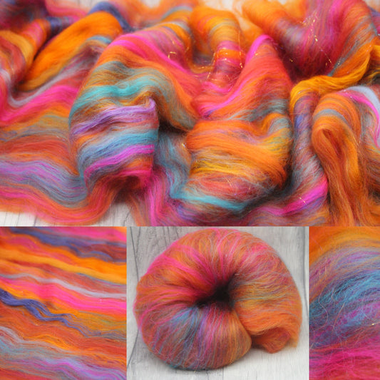 Merino Art Batt  - Orange Pink - 36 grams 1.2 oz - Wool for felting, spinning and weaving