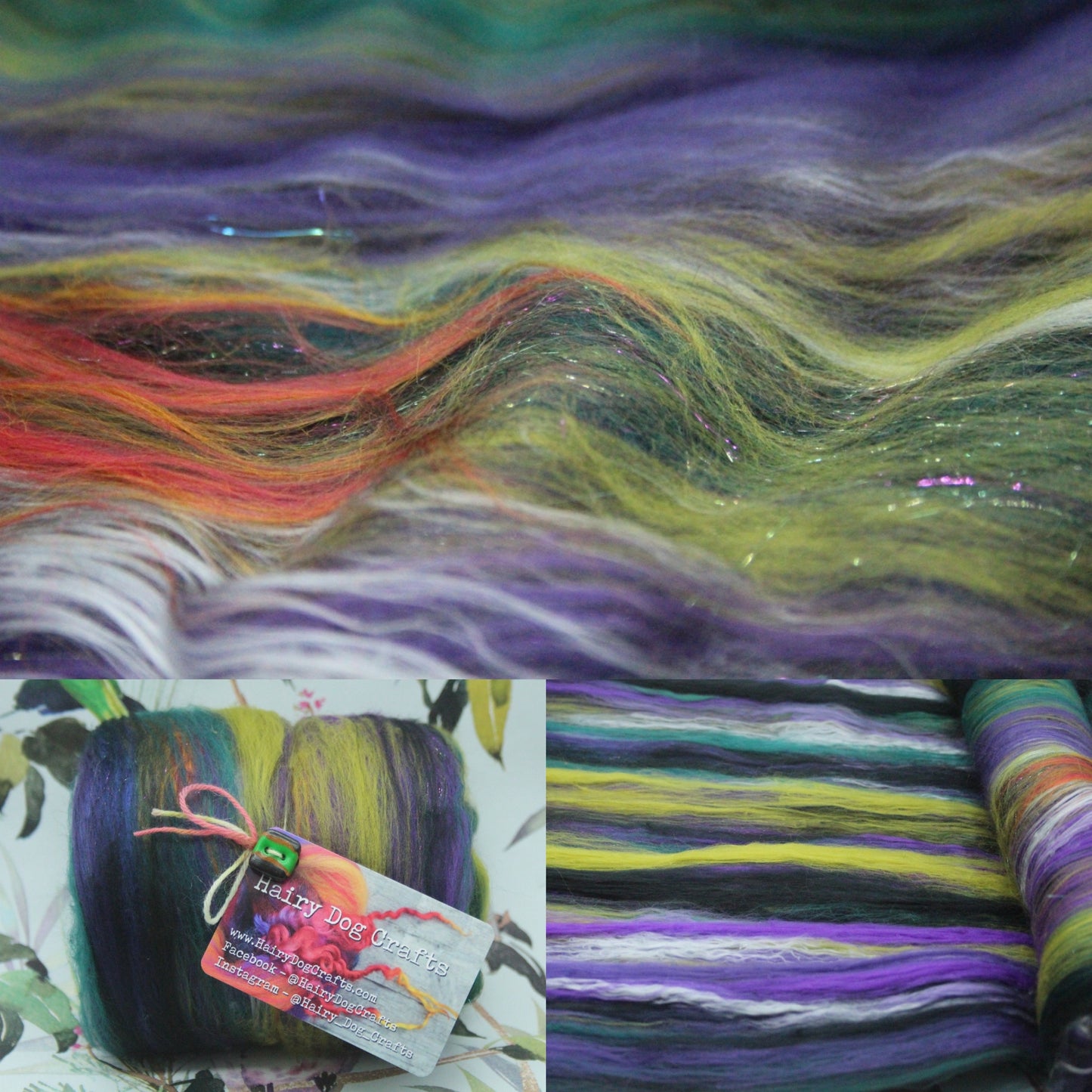 Supersoft Merino Art Batt  - Black Purple Green - 91 grams 3.2 oz - Wool for felting, spinning and weaving