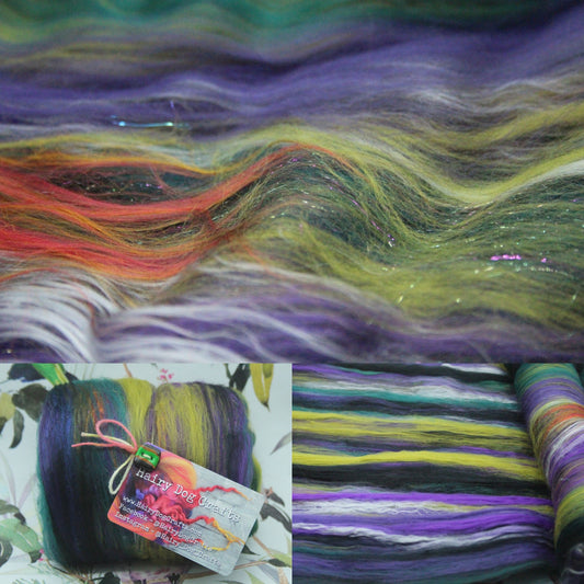Supersoft Merino Art Batt  - Black Purple Green - 91 grams 3.2 oz - Wool for felting, spinning and weaving