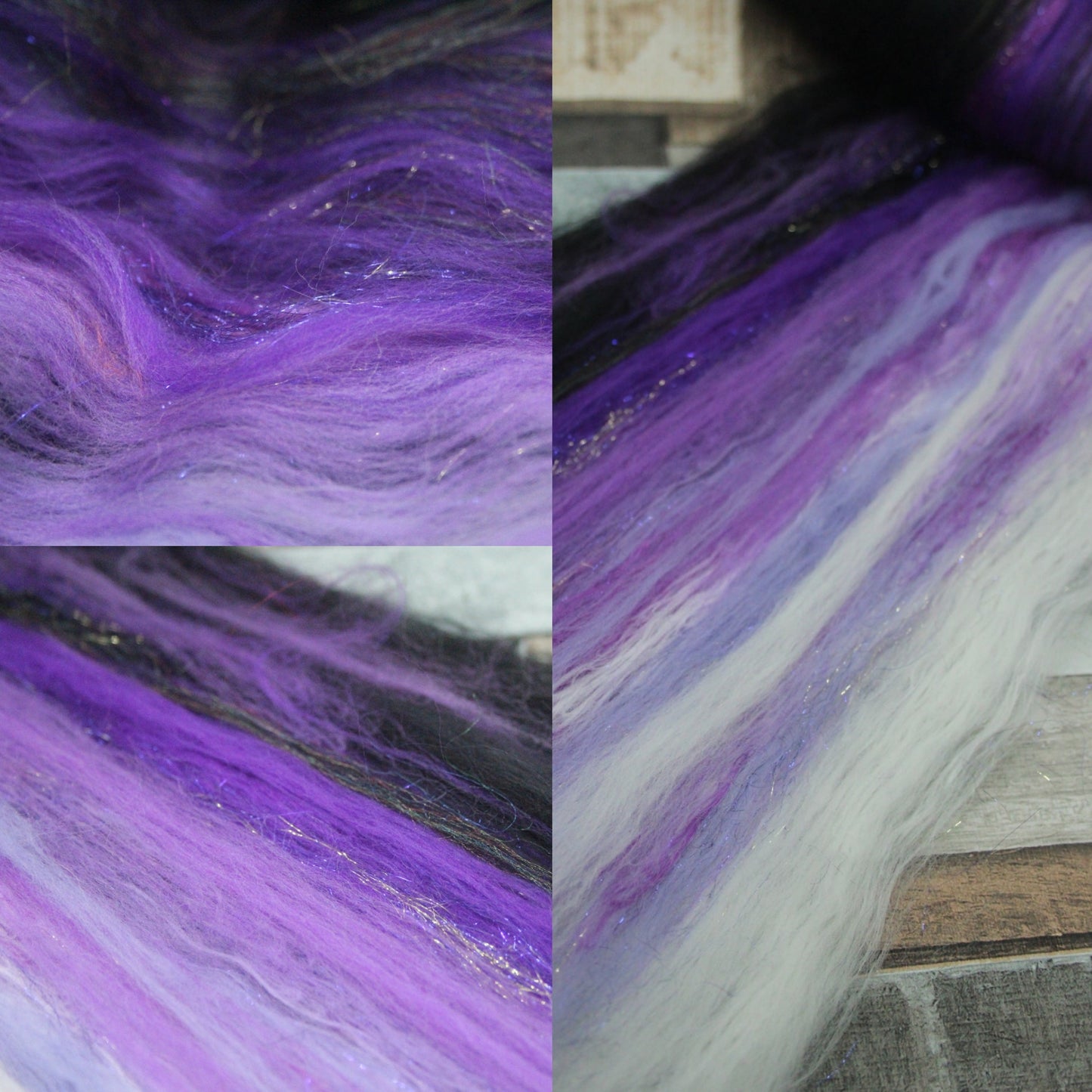 Merino Art Batt  - Black Purple White - 41 grams 1.4 oz - Wool for felting, spinning and weaving